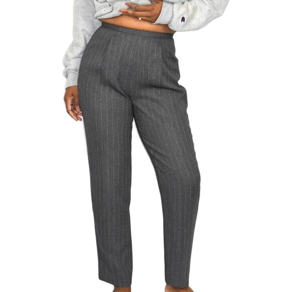 Vintage High Waisted Trousers Grey Striped Dress Pants Tapered Pleated 4 Petite - Picture 10 of 16